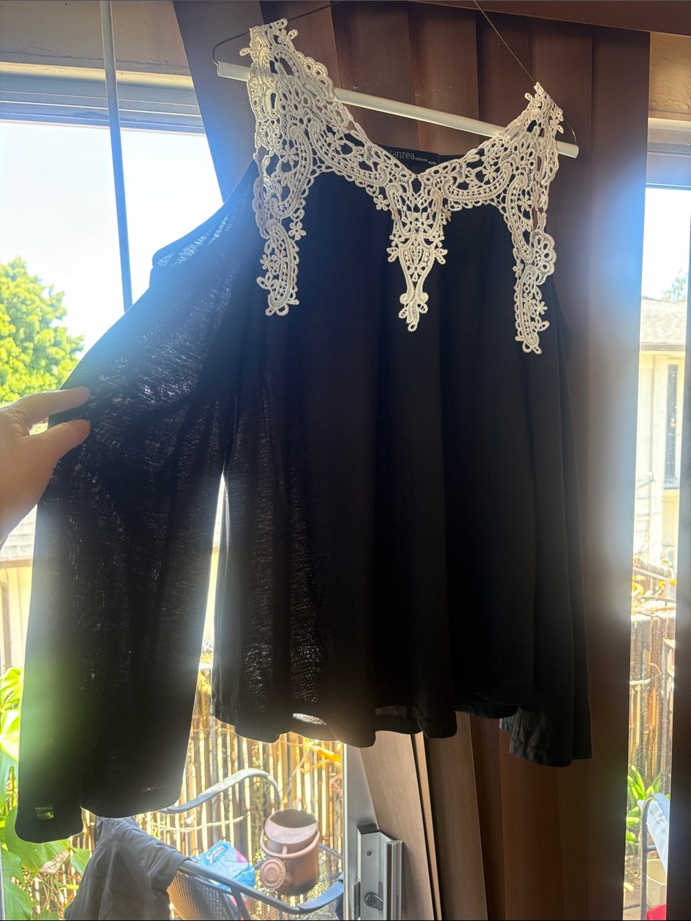 Black Zanzea off shoulder bell long Sleeve Top White Crochet lace